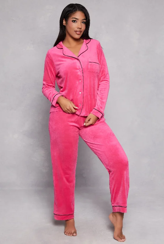 Velour Contrast Trim Long Sleeve Pajama Shirt and Pants