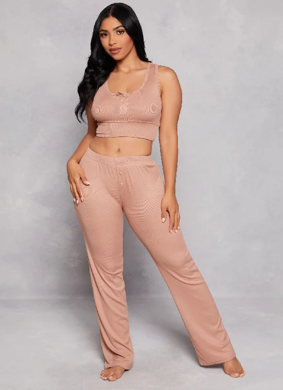 Ribbed Button Detail Pajama Bralette and Pants