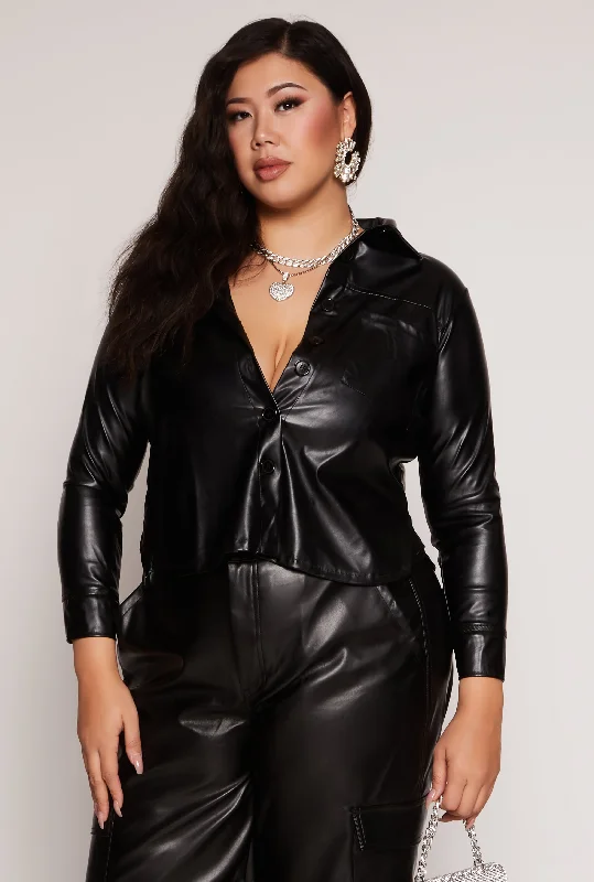 Plus Size Faux Leather Cropped Shirt