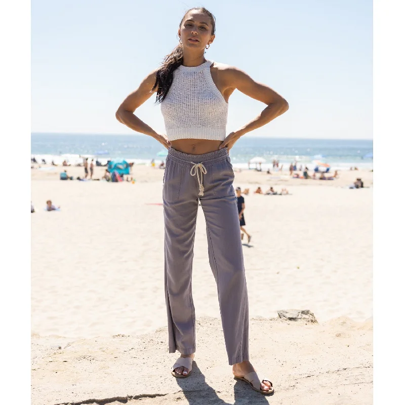 Linen Pants 32" Inseam Drawstring Smocked Waist Beach Pants - Dusty Lavender