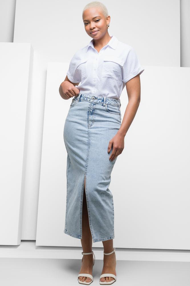 Maxi Denim Skirt With Front Slit Light Blue