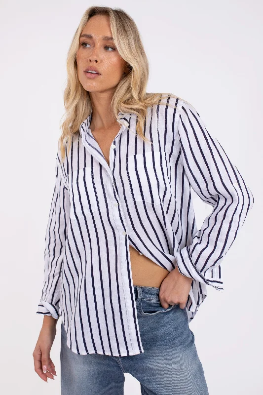 Navy and White Stripe Boyfriend Linen Shirt