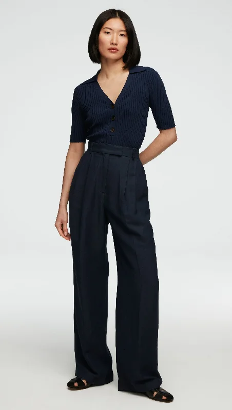 Pleated Trouser in Viscose Linen Twill | Navy