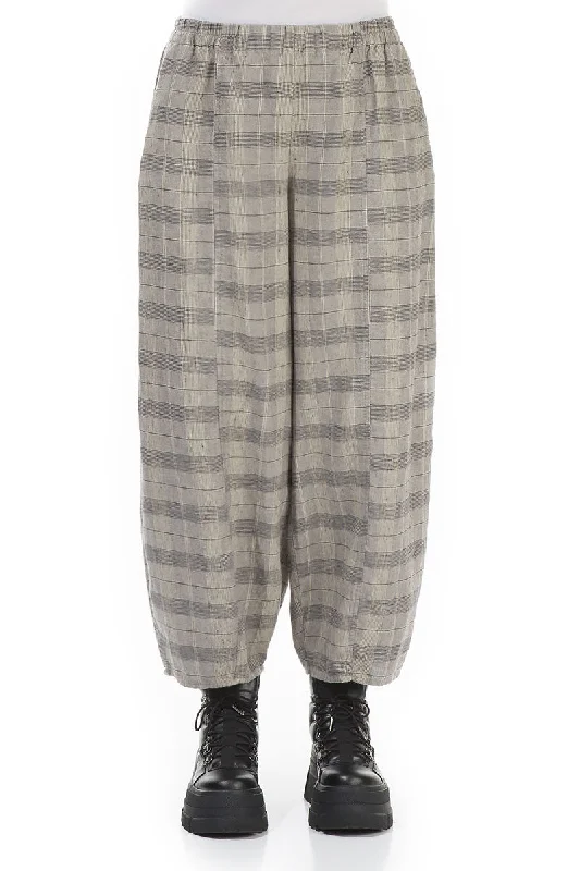 Taper Greige Check Linen Trousers