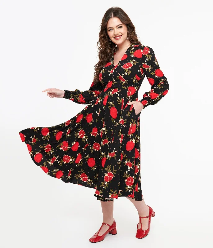 Banned 1940s Black & Red Pomegranate Midi Dress