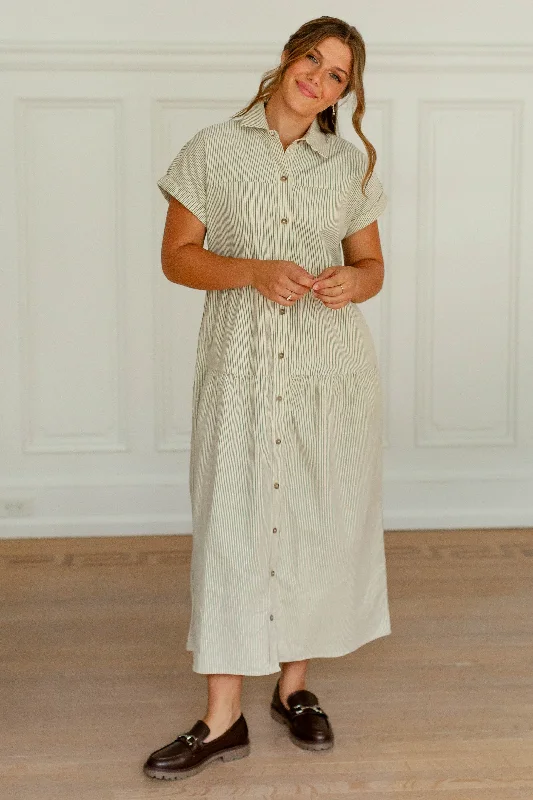 'Angie' Pinstripe Corduroy Button Up Dress in Cream