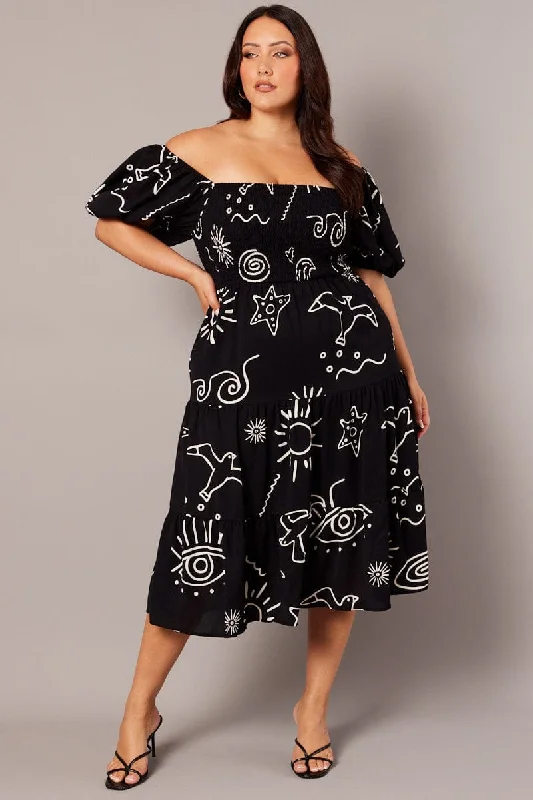 Black Abstract Midi Dress Short Sleeve Shirred