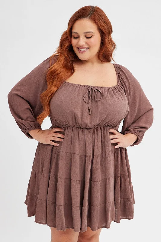 Brown Skater Dress Plain Crinkle Long Sleeve