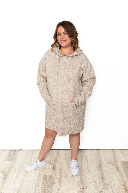 Brushed Hooded Sweater Mini Dress - Taupe