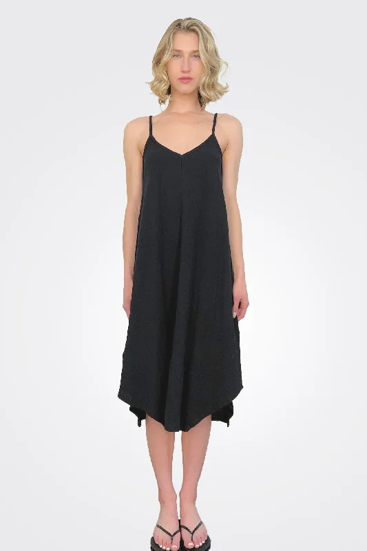 Cami V Neck Midi Handkerchief Dress - Black