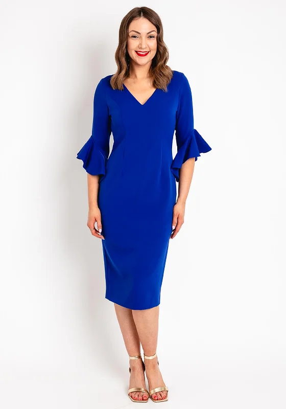 Castings Ruffled Three Quarter Sleeve Midi Dress, Azul