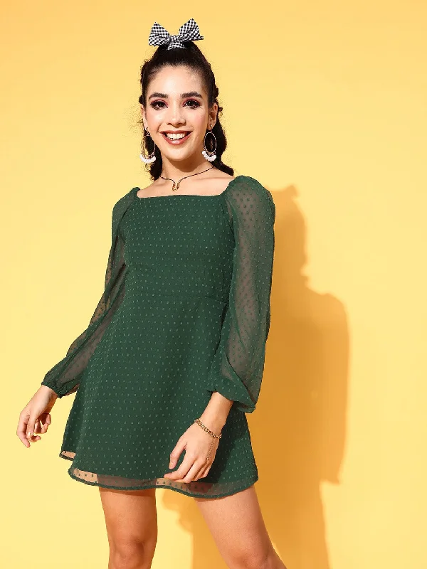 Berrylush Women Green Self-Design Pattern Square Neck Flared A-Line Mini Dress