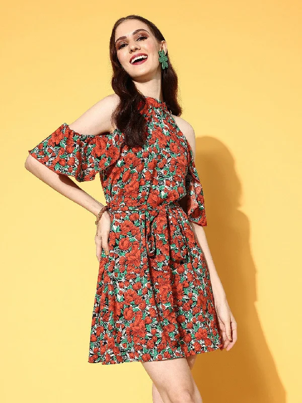 Berrylush Women Rust & Green Floral Printed Round Neck Cold-Shoulder A-Line Mini Dress