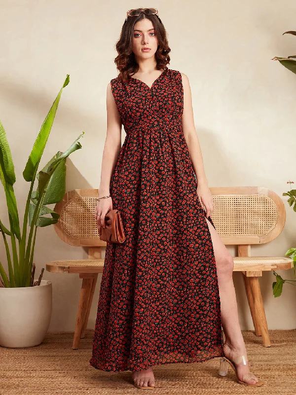 Berrylush Women Black & Red Floral Printed V-Neck Sleeveless Zipper-Up Thigh-High Slit Straight Hem Pleated Maxi Dress