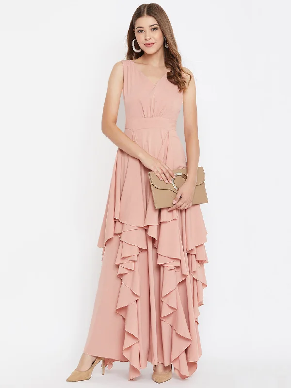 Berrylush Women Solid Pink V-Neck Layered Maxi Dress