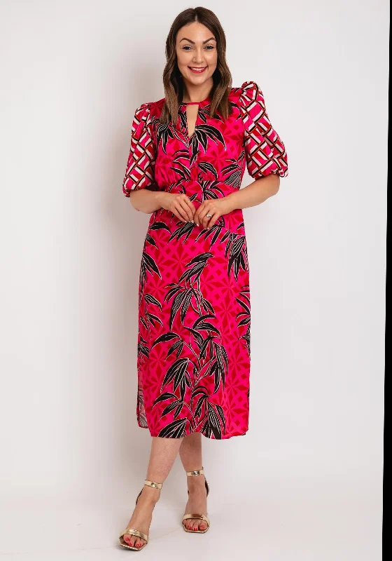 Fee G Ellen Round Neck Mixed Print Midi Dress, Pink