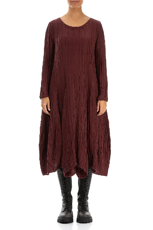 Flared Crinkled Merlot Silk Linen Dress