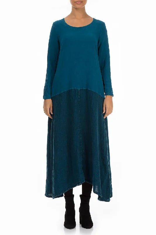 Flared Maxi Two-Tone Turquoise Linen Viscose Dress