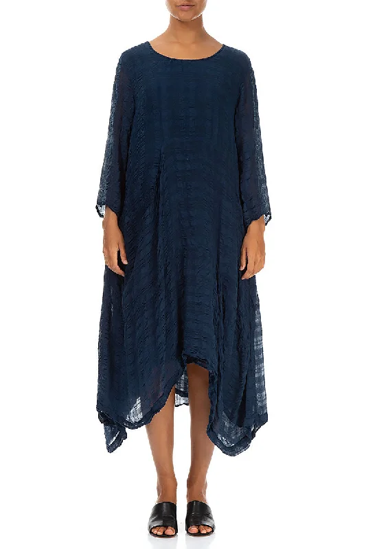 Flowy Navy Textured Silk Dress