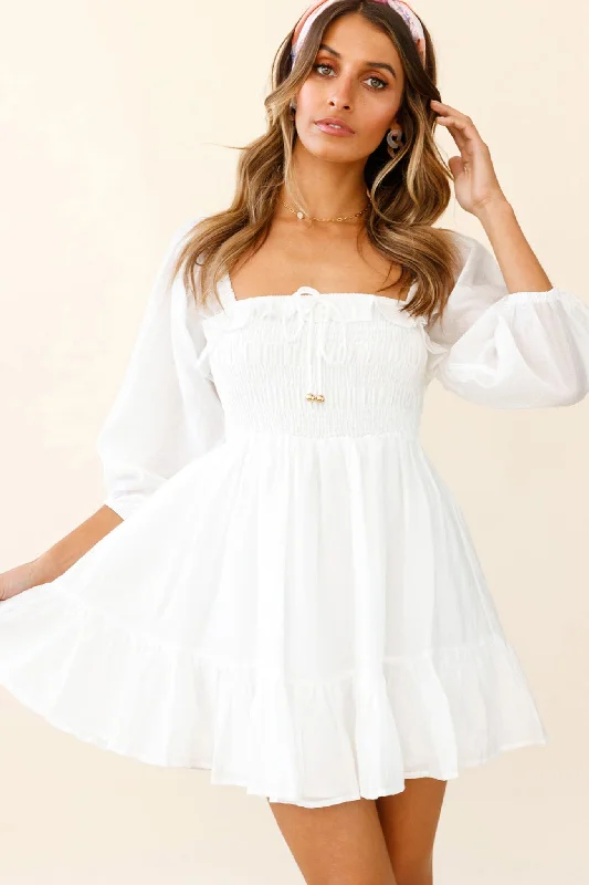 Flynn Balloon Sleeve Shirred Bust Mini Dress White