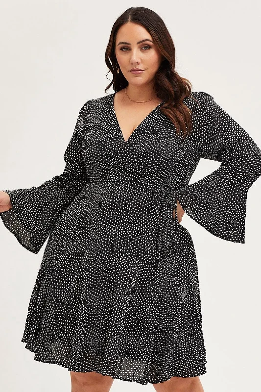 Geo Print Skater Dress V-neck Long Sleeve