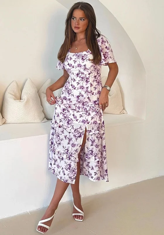 Girl in Mind Sicily Floral Midi Dress, Purple & White