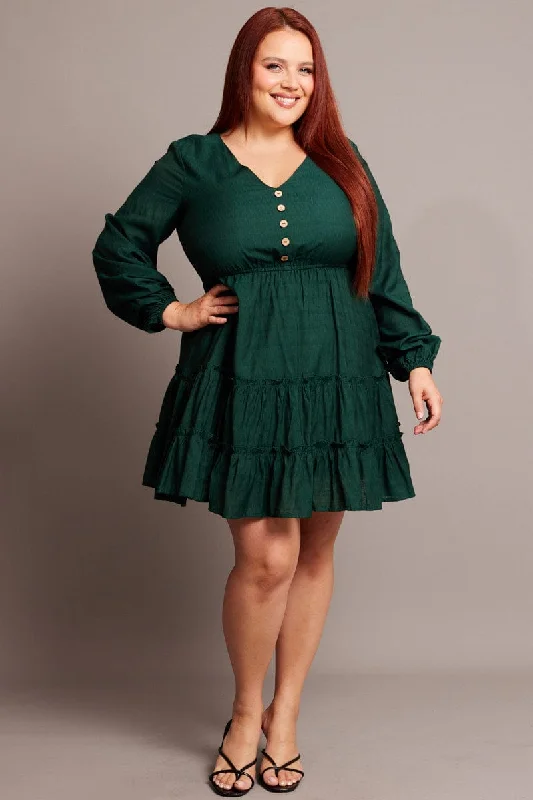 Green Button Through Long Sleeve Dress