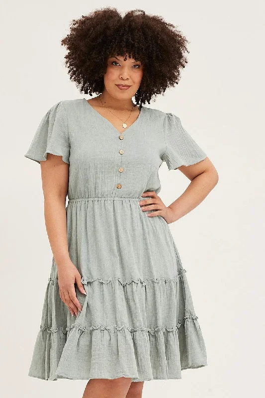 Green Fit And Flare Dress Short Sleeve Button Front