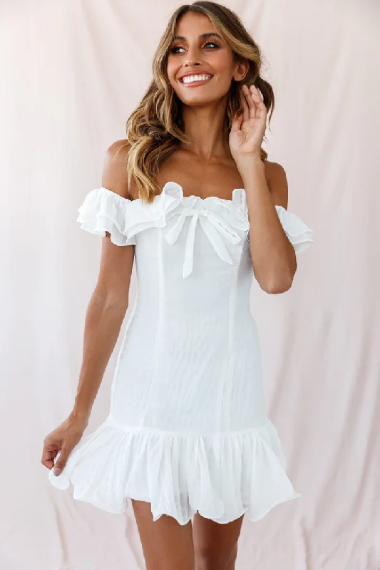 Heaven Bardot Neckline Ruffle Trim Dress White