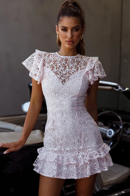 Lark Crew Neck Ruffle Sleeve Dress Lace Overlay Pink