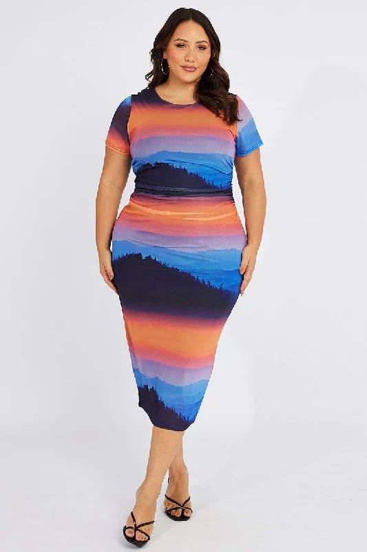 Multi Abstract Bodycon T-shirt Landscape Midi Dress