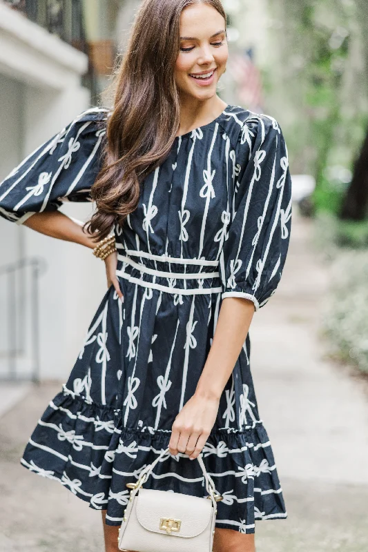 On The Right Track Black Bow Print Dress