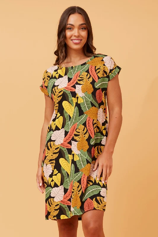 PAULA LEAF PRINT SHIFT DRESS