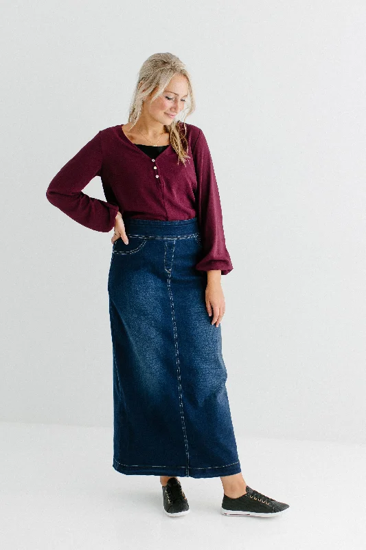 'Sara' Classic Long Denim Skirt Dark Wash