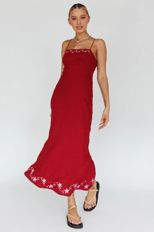 Star Garden Embroidered Midi Dress Wine