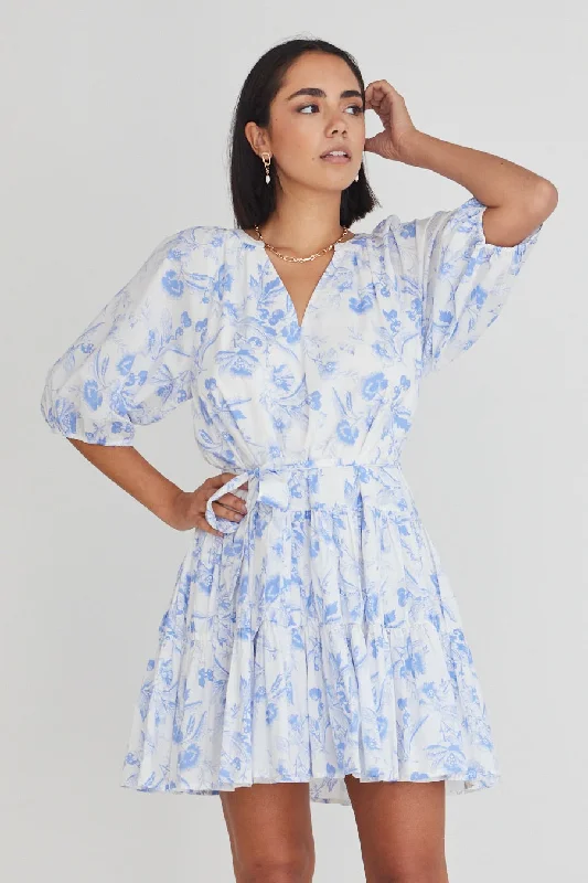 Venetia Blue Floral SS V Neck Tied Tiered Mini Dress