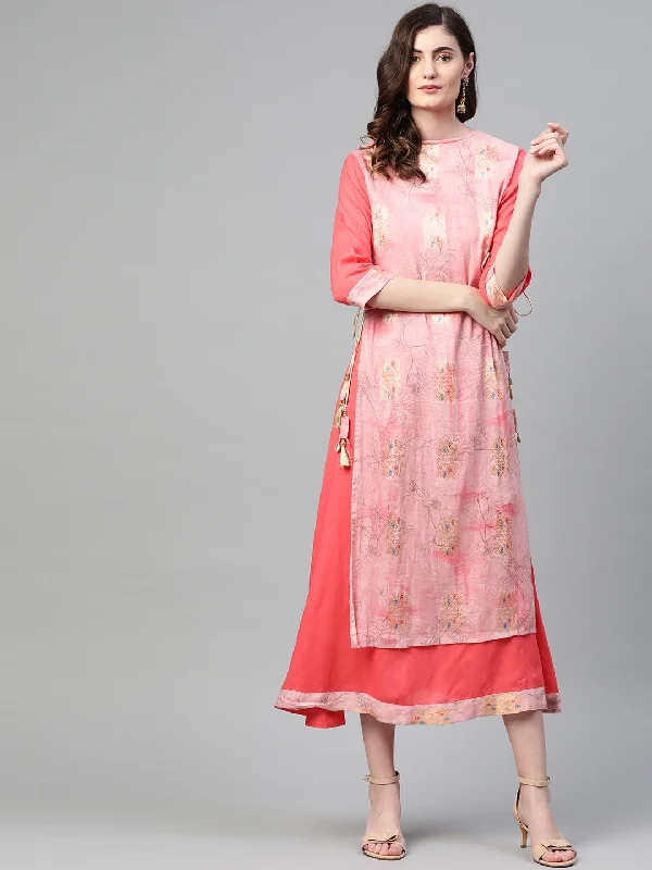 Women Coral & Pink Rayon Floral Layered Dress