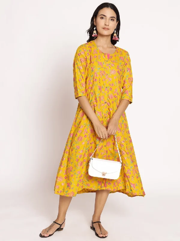 Women Mustard Round Neck Dress