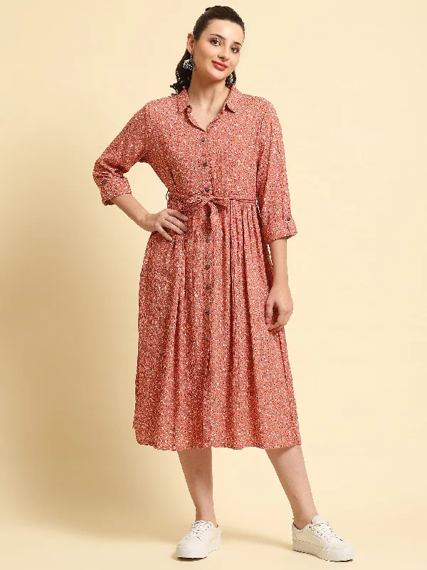 Women Pink Shirt Collar Printed Dress