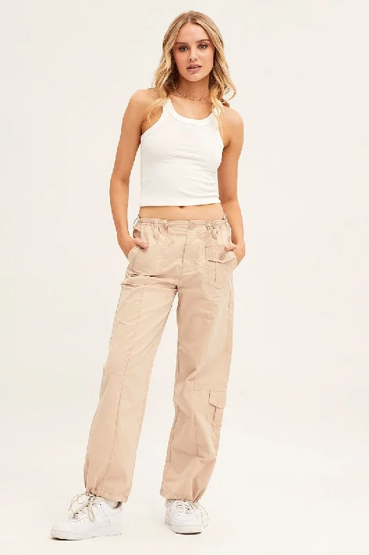 Beige Pants Strap Waist Cargo