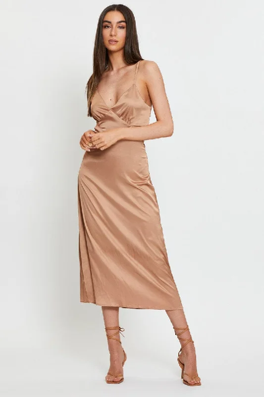 Brown Midi Dress Satin