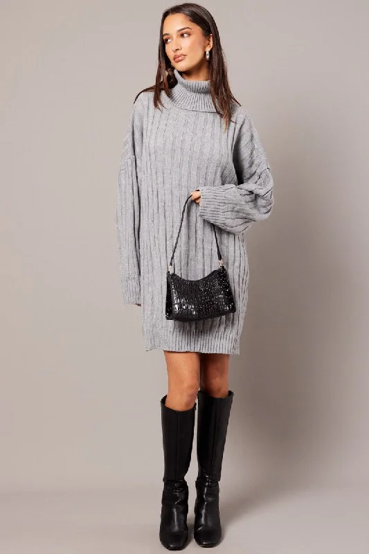 Grey Knit Dress Long Sleeve Jumper