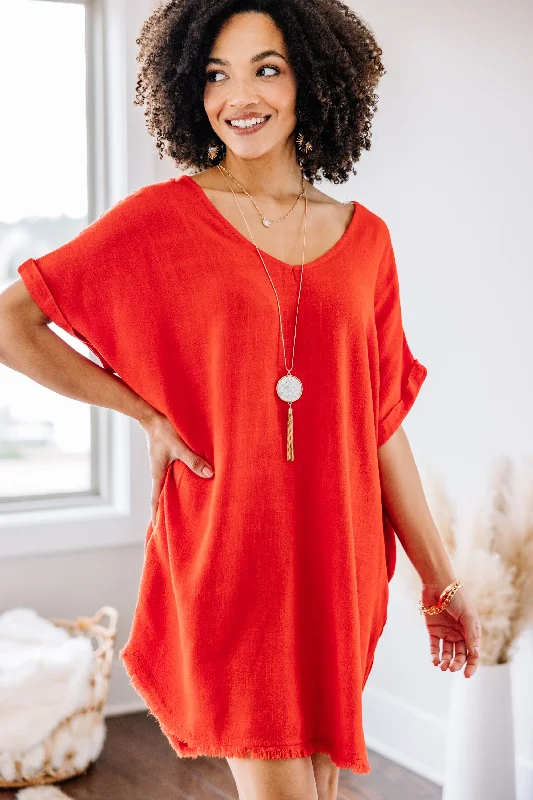 Let's Go Poppy Red Frayed Hem Dress