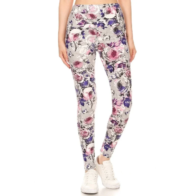 Long Yoga Style Banded Lined Floral Printed Knit Legging With High Waist