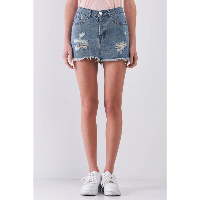 Medium Blue Washed Denim Ripped High Waist Mini Skirt