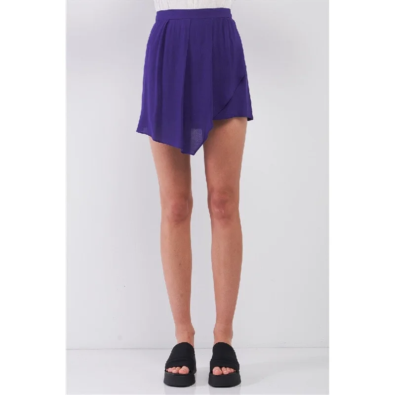 Purple High-waist Cotton Mini Skirt with Asymmetrical Wrap Front Pleats