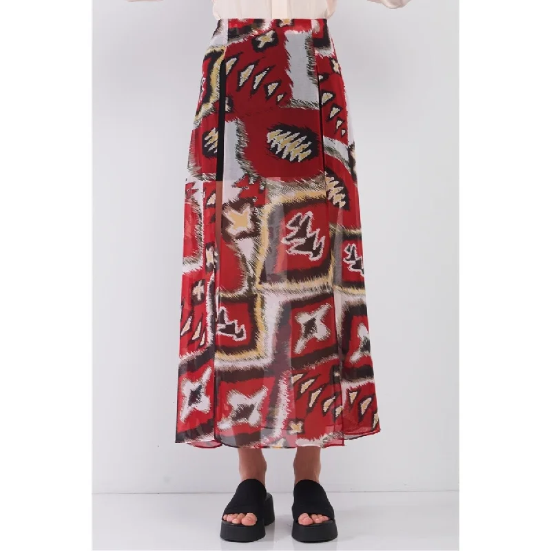 Red & Multi Vintage Graphic Print High-waisted Two Front Slits Maxi Skirt